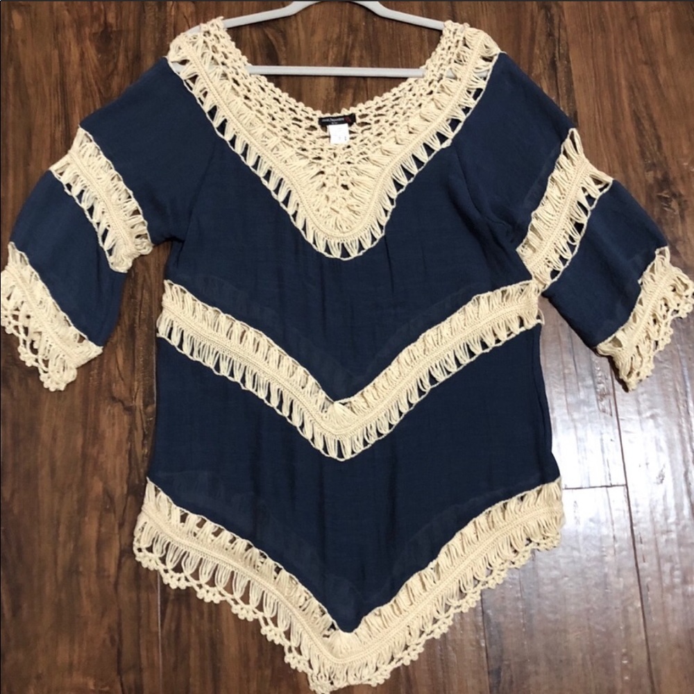 Navy Blue & Ivory Crochet Boho Tunic Top